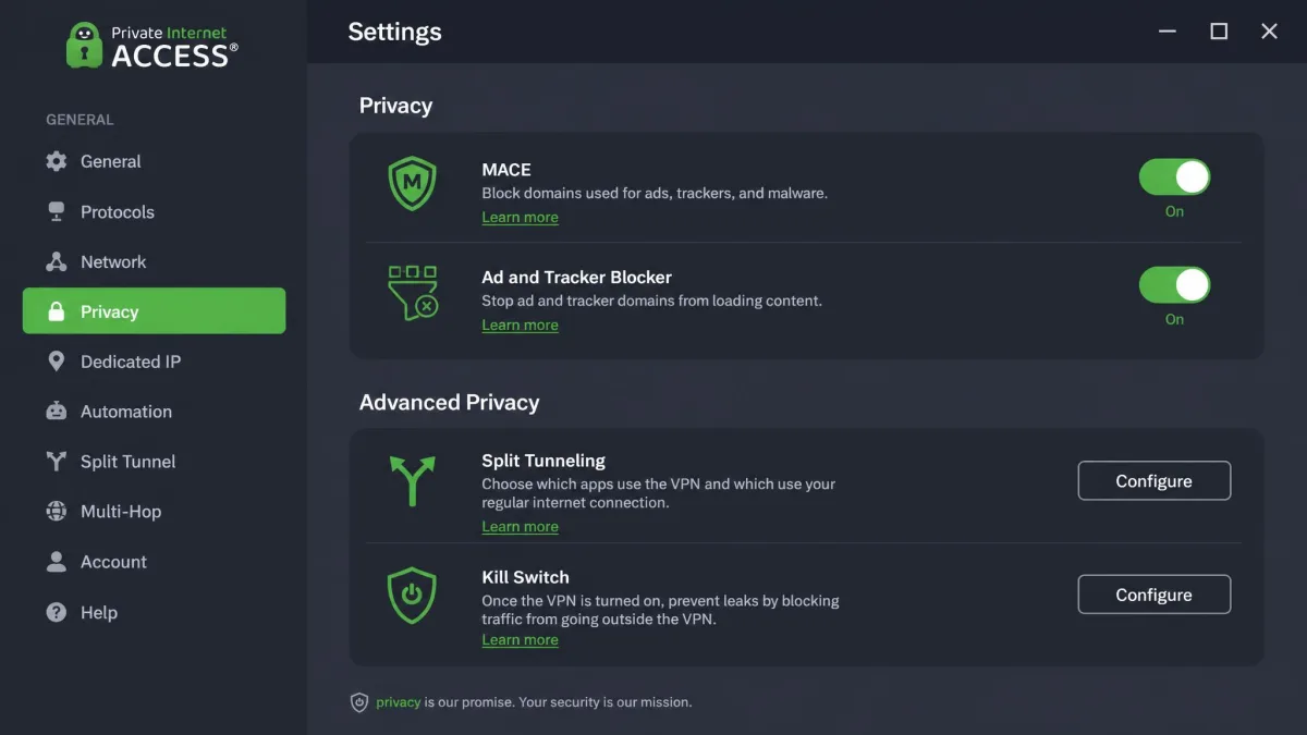 The PIA settings panel showing the MACE ad and tracker blocker toggle switched on, alongside split tunneling and kill switch options in the advanced privacy section.