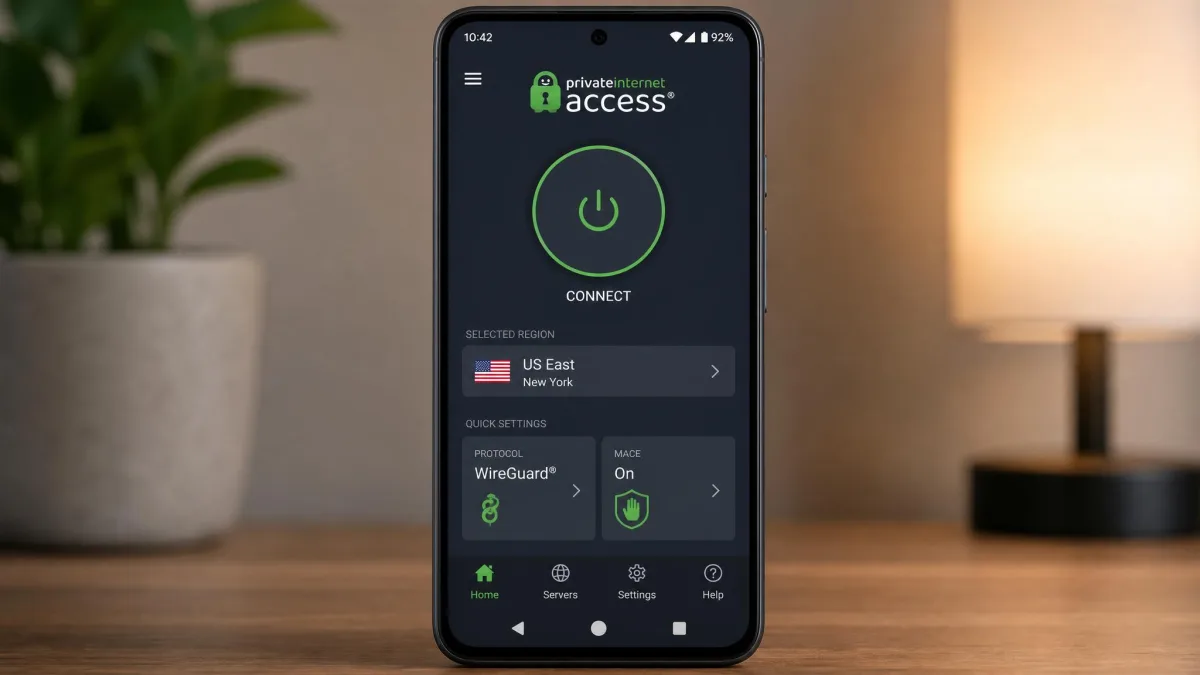 The Private Internet Access Android app open on a phone, showing the connect button, selected server region, and the quick-settings tiles for protocol and MACE.