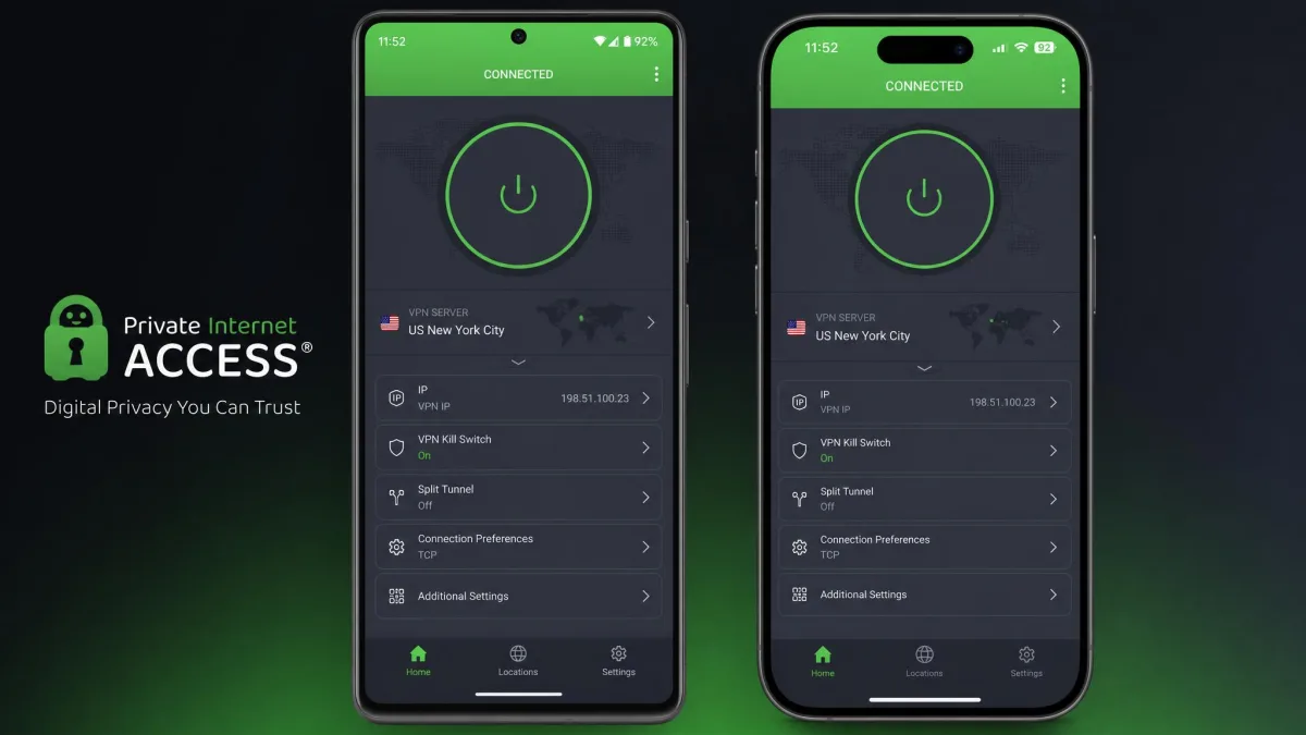 The Private Internet Access mobile app shown side by side on an Android phone and an iPhone, both connected, highlighting the large power button and the expandable settings tiles beneath it.