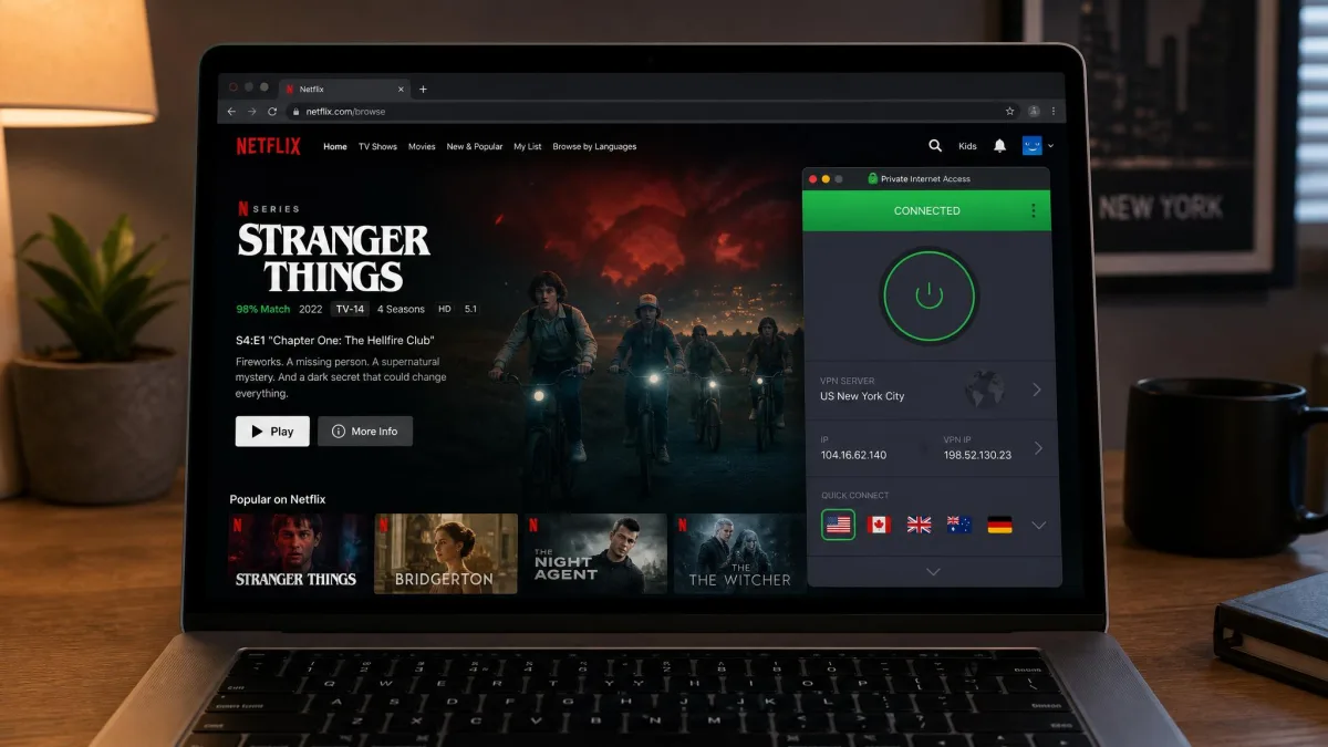 A laptop streaming a Netflix US title while connected to a Private Internet Access US server, with the PIA app visible in a corner window confirming the connection.