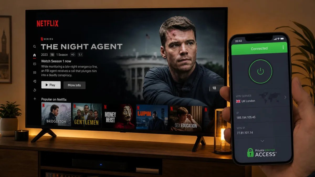 A television screen showing Netflix playing while connected to a PIA UK server, with the PIA mobile app open on a phone beside it confirming the active connection.