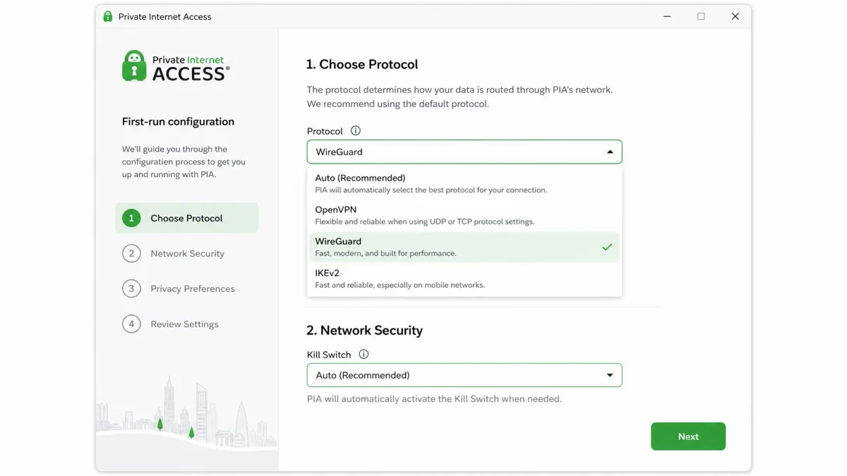 The Private Internet Access setup screen with the protocol drop-down open on WireGuard and the kill switch set to Auto during first-run configuration.