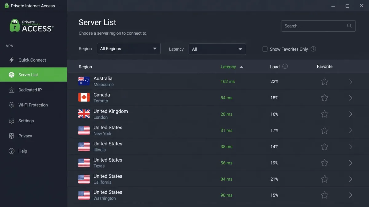 The Private Internet Access server list open, showing region filters and latency figures for locations including Australia, Canada, the United Kingdom, and multiple US states.