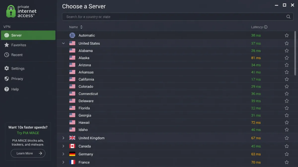 The Private Internet Access server picker showing a searchable list of countries and US states with latency numbers next to each, including dedicated locations for individual American states.