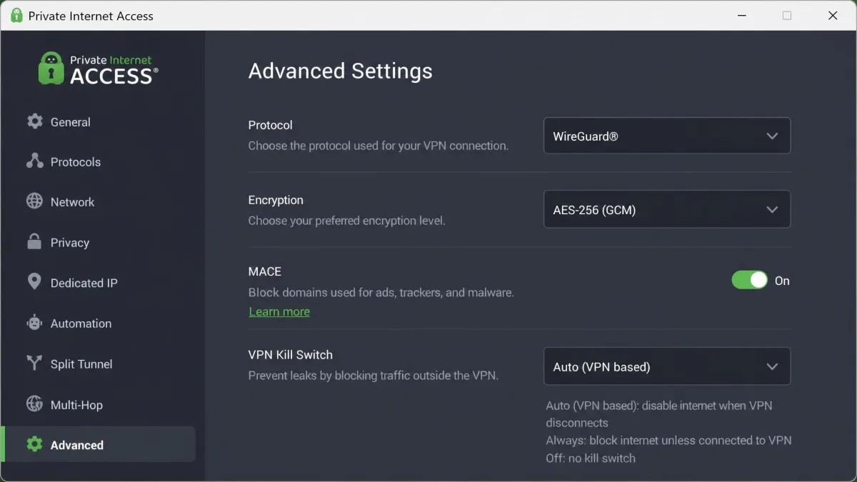 The Private Internet Access advanced settings screen open on Windows, showing protocol selection, encryption level, MACE toggle, and the three-position kill switch drop-down.