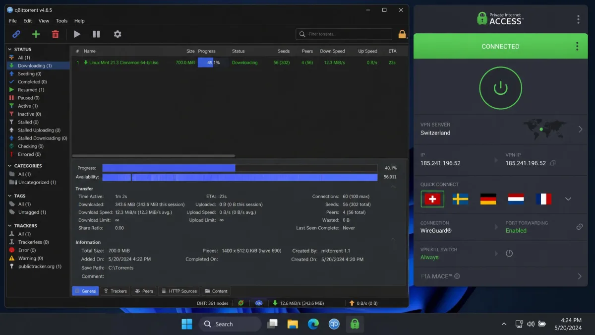 A torrent client downloading a 700MB file at speed while connected to a non-US PIA server, with the PIA app showing port forwarding enabled and the kill switch set to Always.