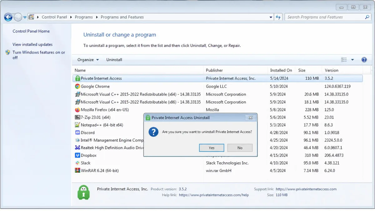 The Windows Add or Remove Programs list with Private Internet Access selected and the uninstall confirmation dialog open on top of it.