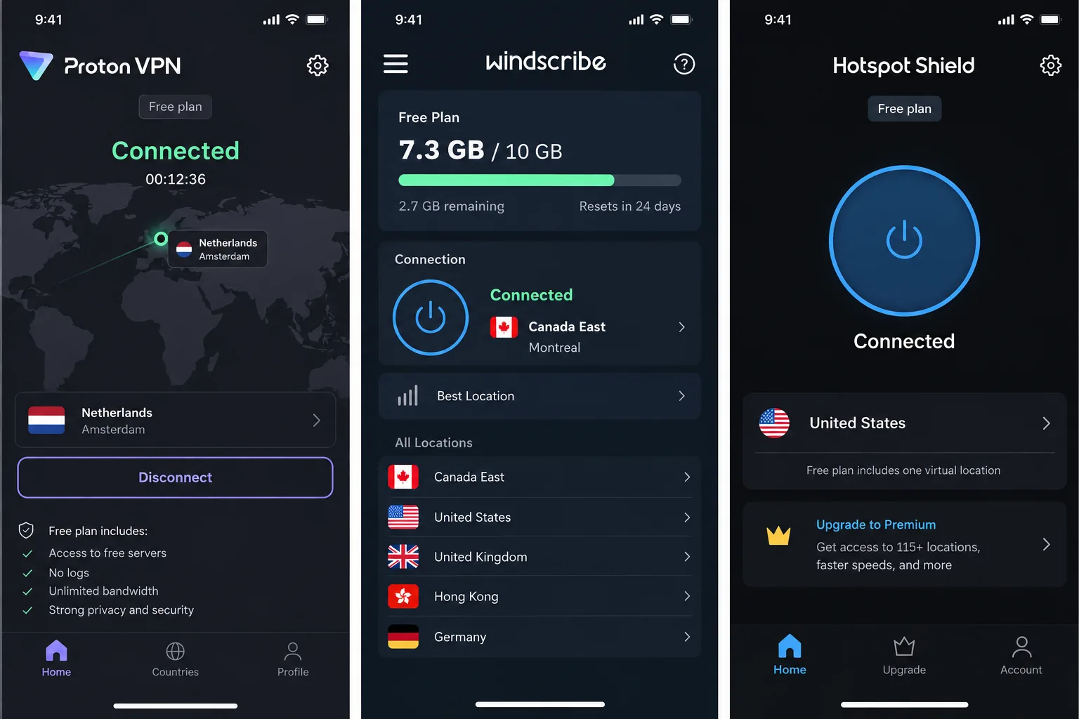Side-by-side phone screenshots of the Proton VPN, Windscribe and Hotspot Shield free plans, showing Proton's auto-assigned server, Windscribe's 10GB data counter and Hotspot Shield's single US location.