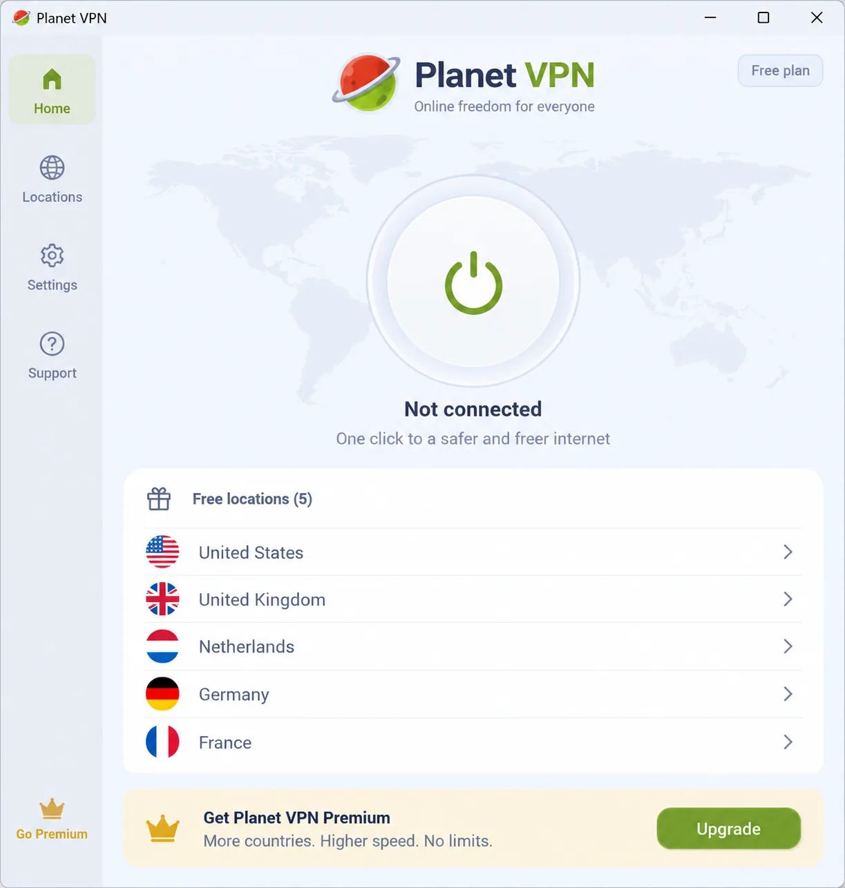 Planet VPN's Windows app on the free plan, showing the large one-tap connect button and the short list of five free countries: United States, United Kingdom, Netherlands, Germany and France.