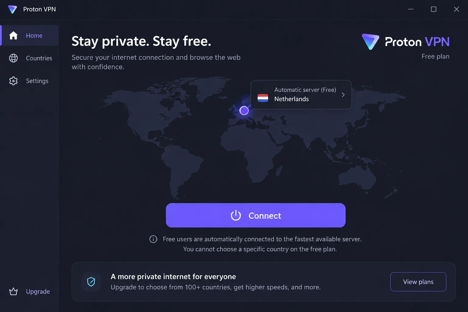 Proton VPN's free plan home screen on Windows, showing the Connect button, the automatically assigned free server and a note that free users cannot choose a specific country.