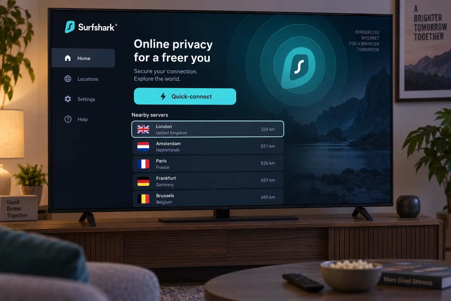 Surfshark's Android TV app on a living-room television, showing the Quick-connect button and a list of nearby city servers that can be selected with a remote.