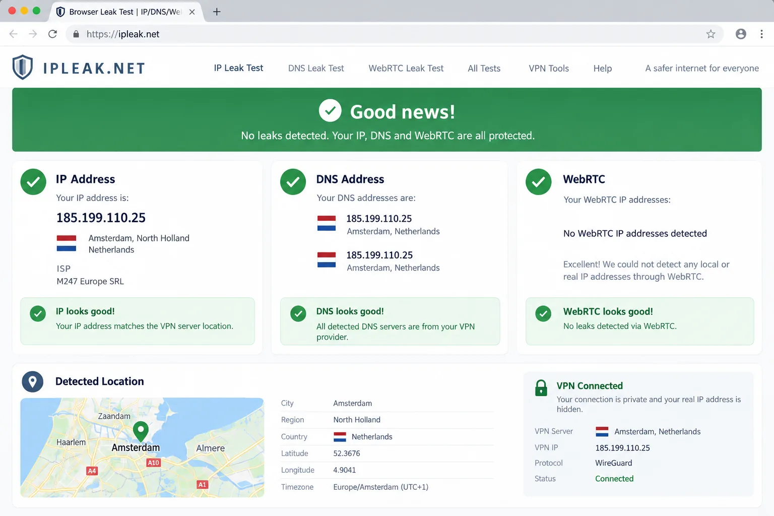 A browser leak test page showing clean IP, DNS and WebRTC results while connected to a VPN server, with the detected IP address matching the VPN server location.