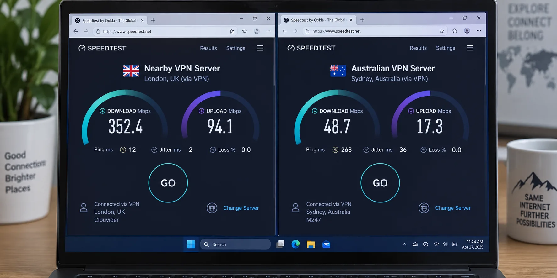 Two speed test results side by side on a Windows laptop, comparing download speed through a nearby VPN server with a distant Australian VPN server on the same internet connection.