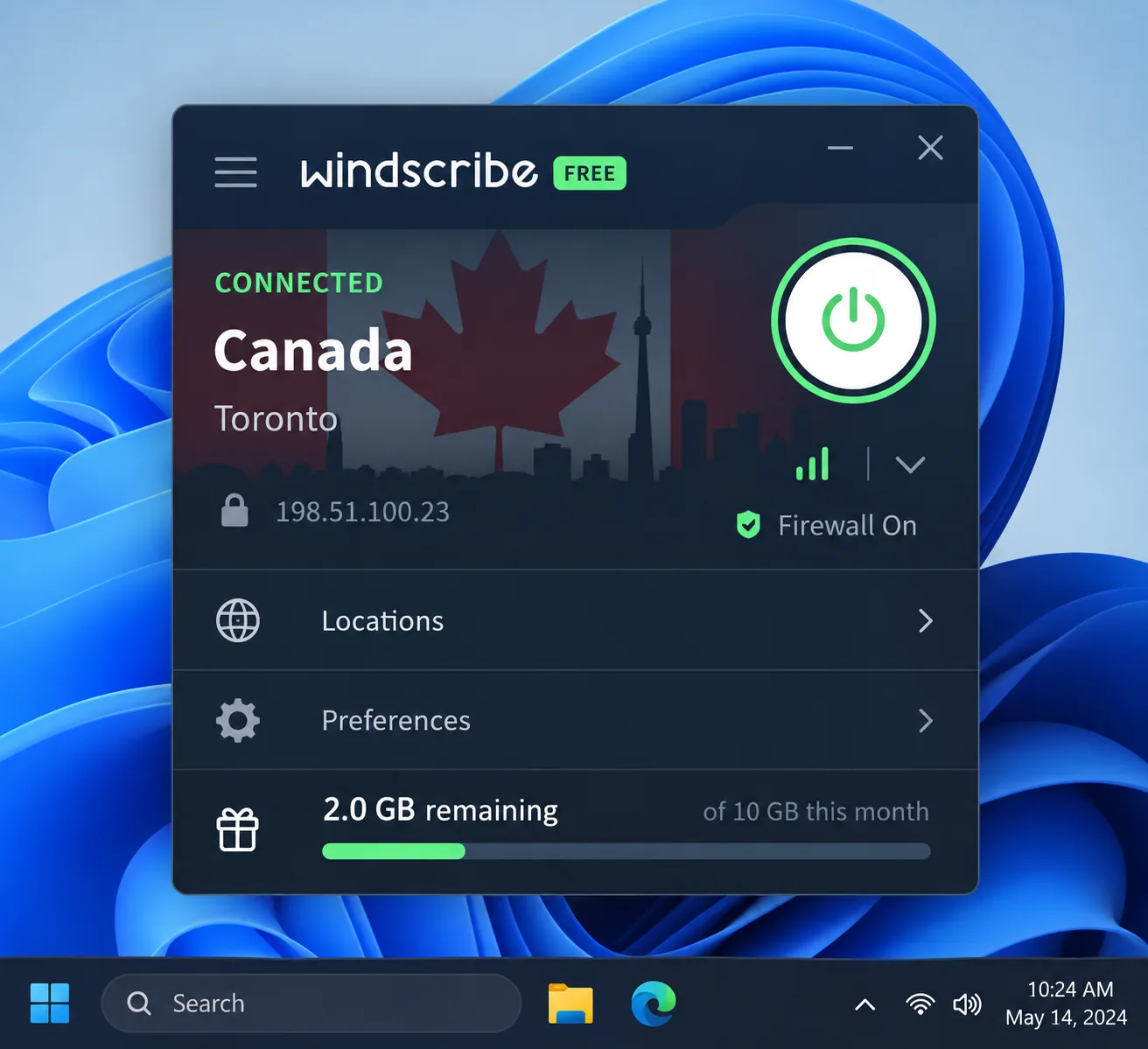 Windscribe's Windows app on the free plan, connected to a Canadian server, with the remaining monthly data allowance shown at the bottom of the small app window.