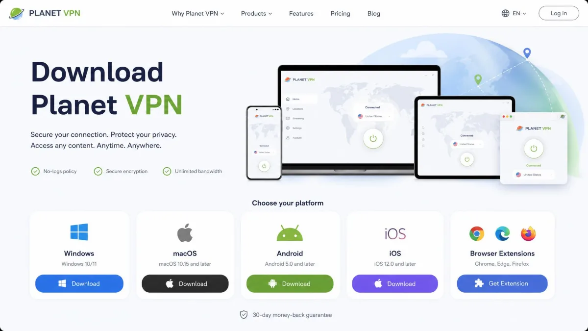 The official Planet VPN download page showing platform buttons for Windows, macOS, Android, iOS, and browser extensions.