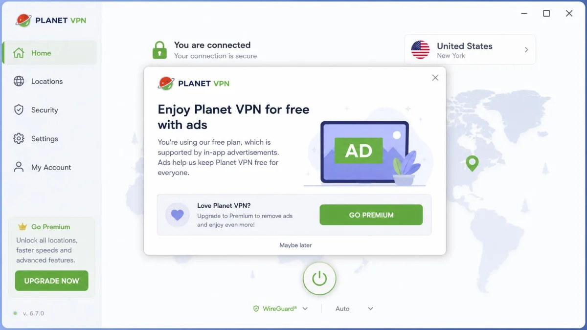 Planet VPN's free desktop app displaying an in-app advertisement prompt over the connection screen, illustrating the ad-supported free tier.