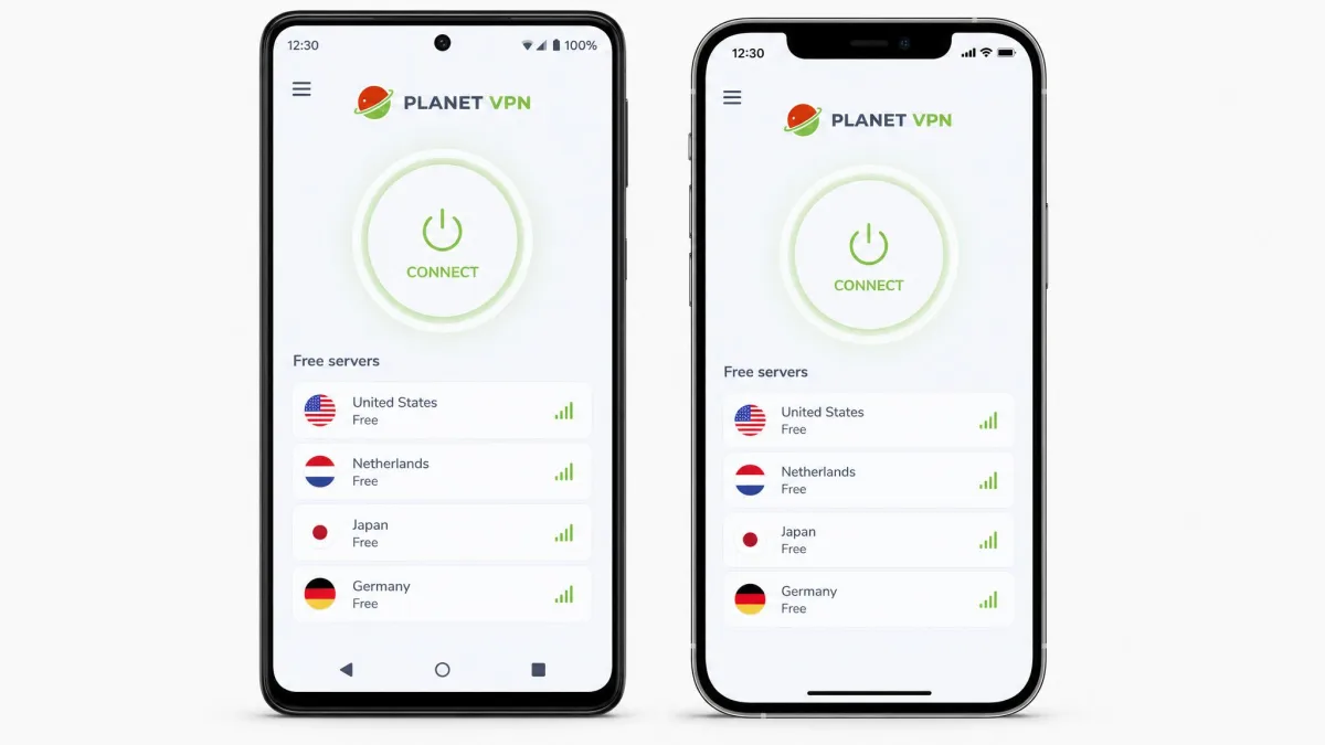 Planet VPN mobile apps side by side on an Android phone and an iPhone, both showing the one-tap connect screen and a short list of free server locations.