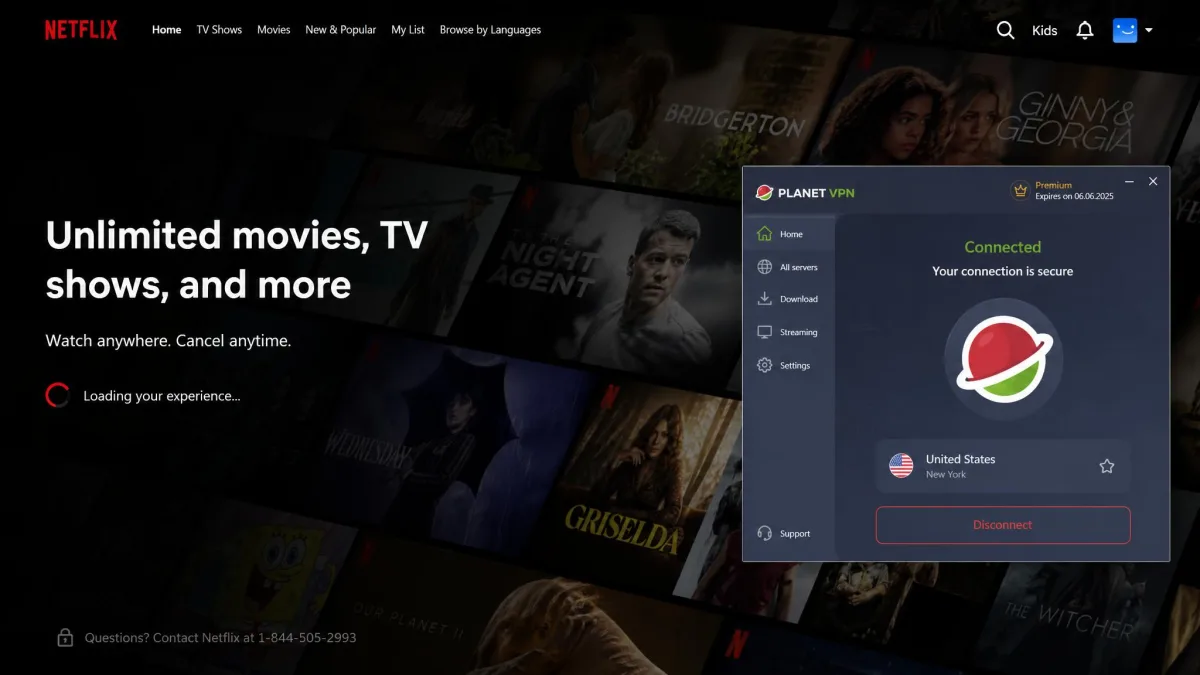 A laptop screen showing Netflix US home page loaded successfully over a Planet VPN premium US server, with the VPN app connected in the corner.