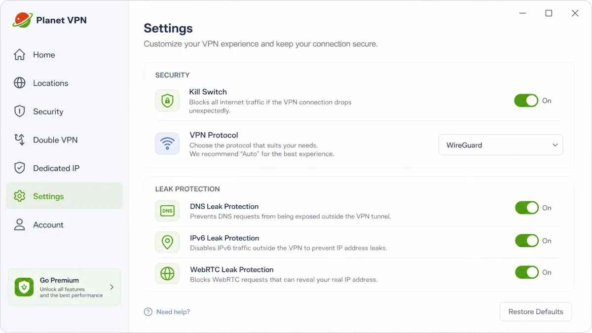Planet VPN desktop settings panel showing the kill switch toggle, protocol selection dropdown, and leak protection options.