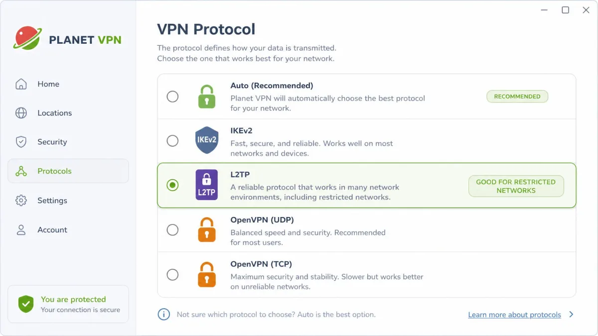Planet VPN protocol selection menu with the L2TP option highlighted, the protocol sometimes cited for use in restricted networks.