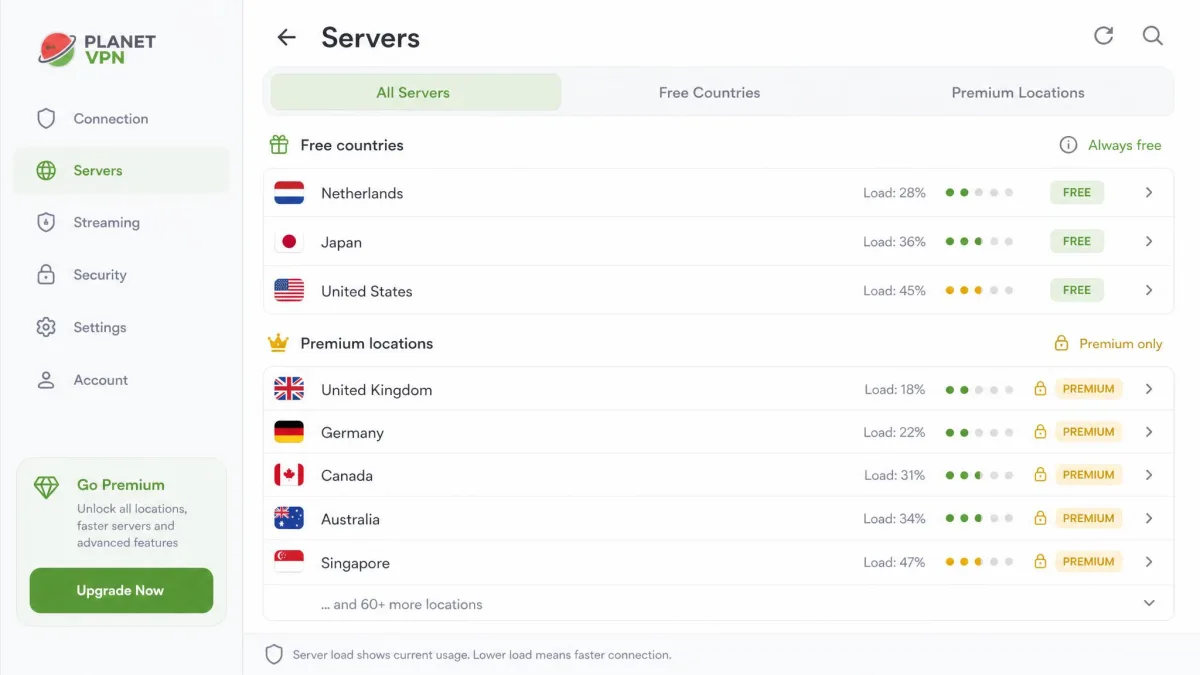 Planet VPN's server location picker showing the free USA, Netherlands, Germany, France and UK entries alongside locked premium country options.