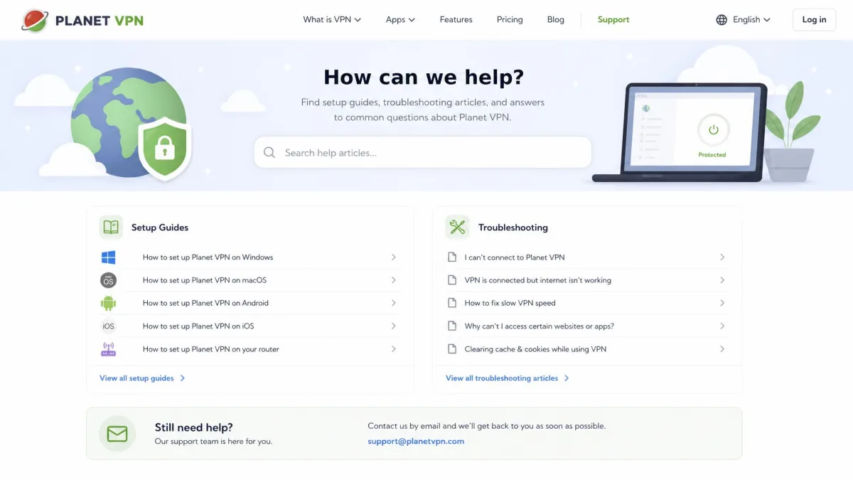 Planet VPN help center page listing setup guides and troubleshooting articles, with an email contact link for support.