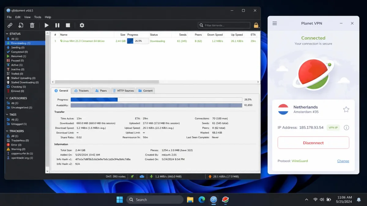 A torrent client downloading a file over a Planet VPN connection, with the download speed meter showing modest throughput and the VPN app connected alongside.