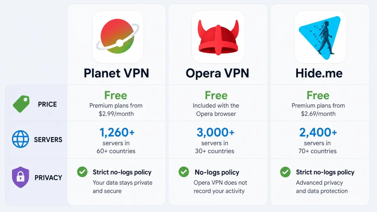 A side-by-side comparison layout showing the Planet VPN, Opera VPN, and Hide.me app icons above their key specs for price, servers, and privacy.