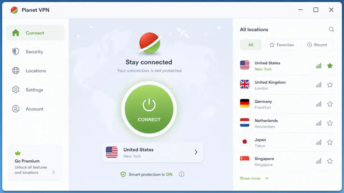 Planet VPN's Windows desktop app on its main connection screen, showing the large connect button, the selected server country, and a compact server location list.