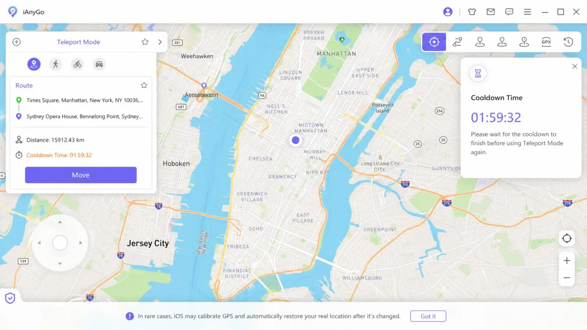 iAnyGo's map interface with the built-in cooldown timer panel counting down in the corner after a long-distance teleport.