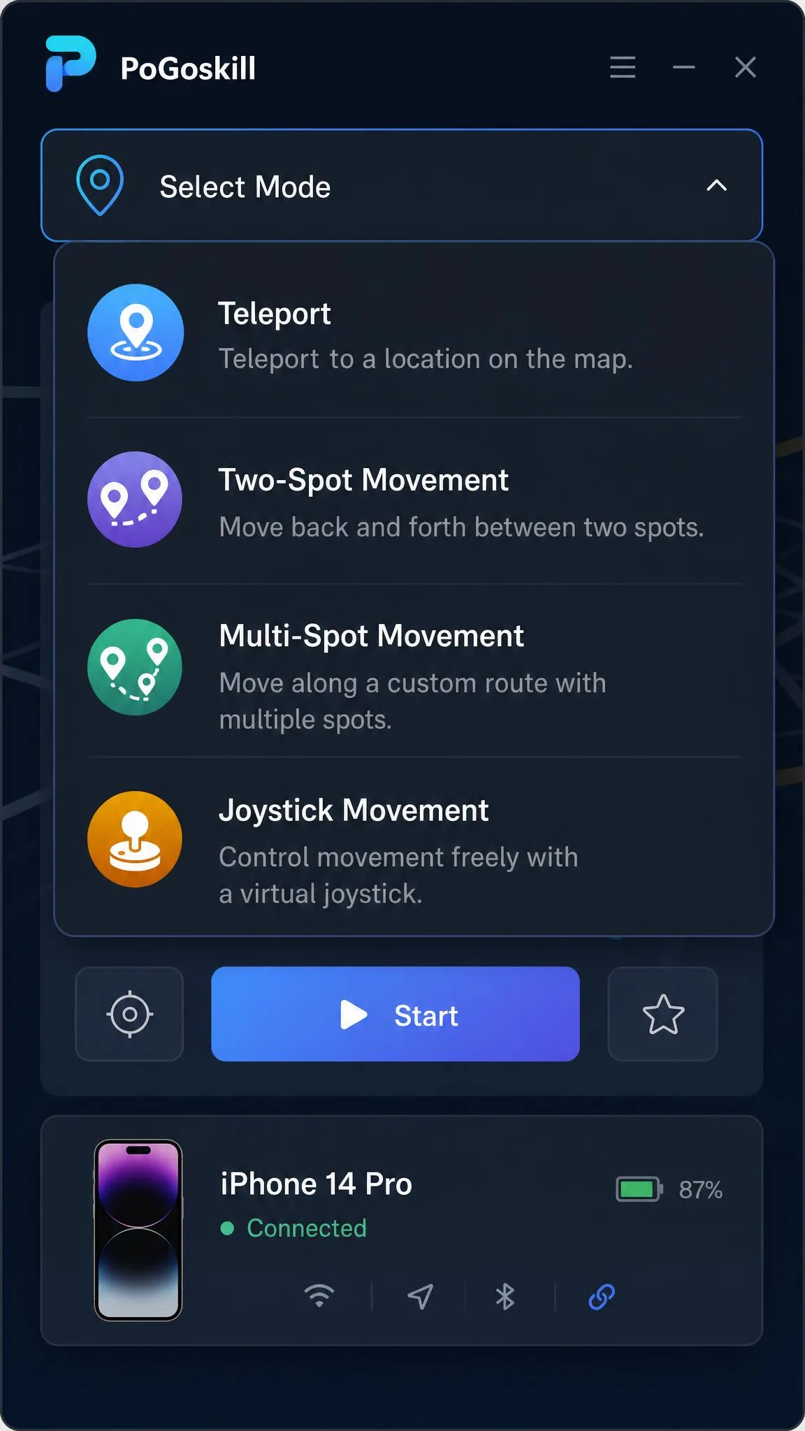 The PoGoskill desktop app with the mode selector open, showing teleport, two-spot, multi-spot and joystick options above a connected iPhone status bar.