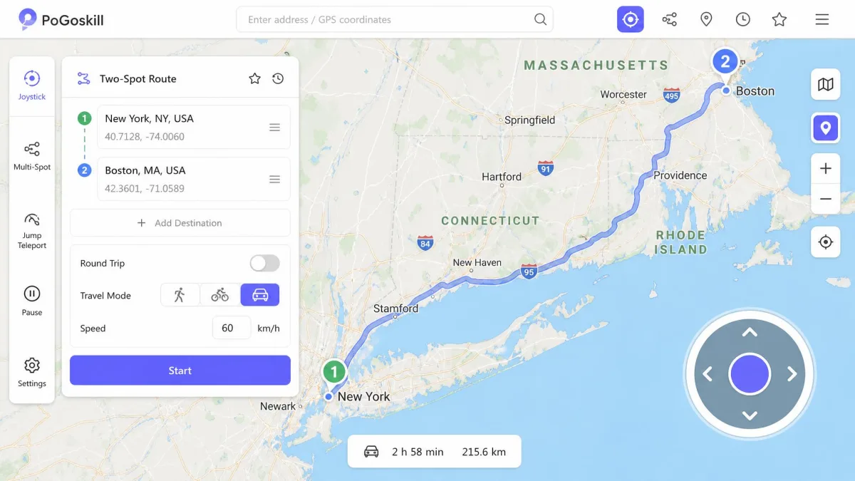 PoGoskill's map screen with the circular virtual joystick control in the lower right corner and a plotted two-spot route between two city locations.