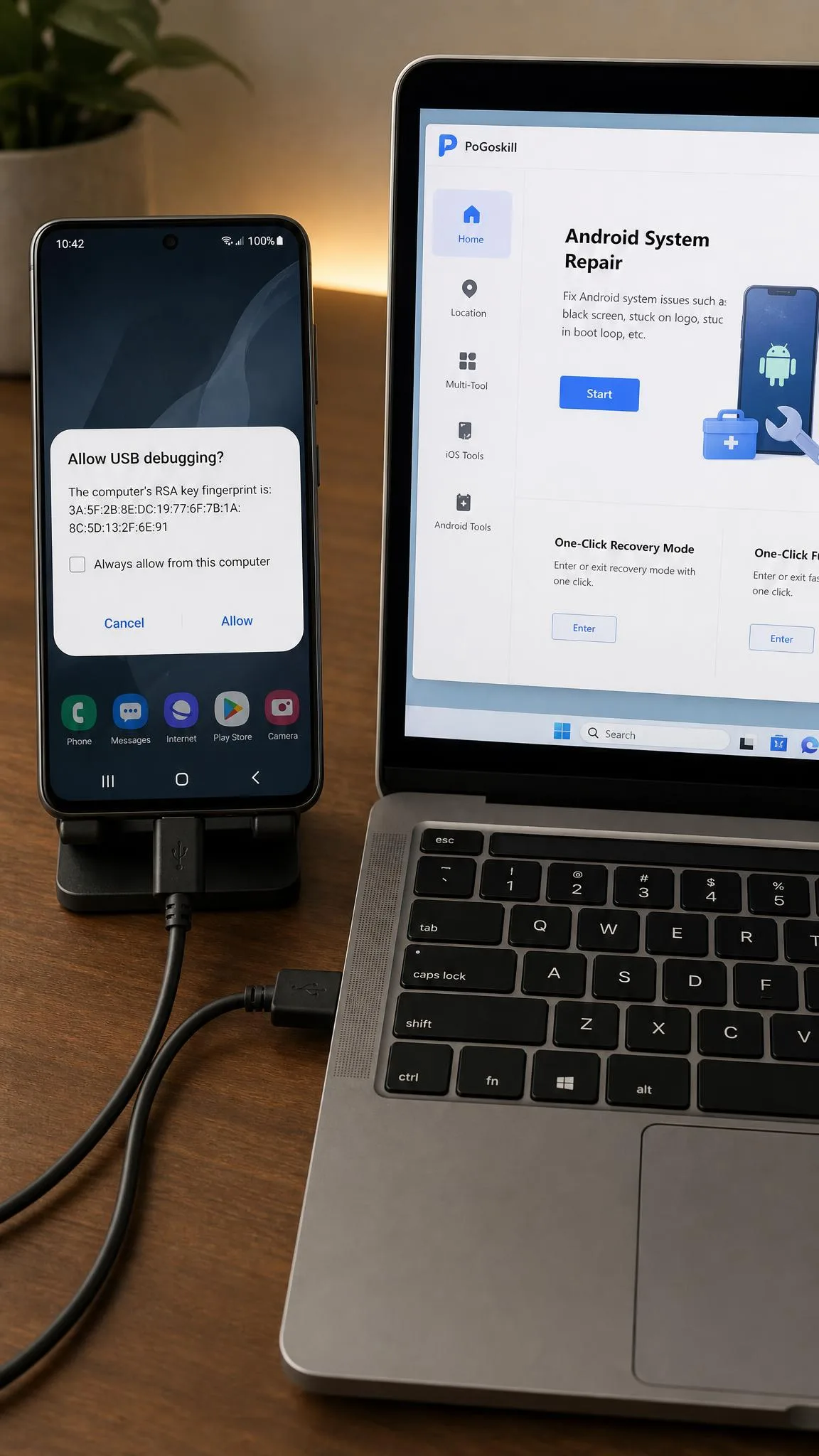 A phone connected by USB cable to a laptop running PoGoskill, with the Android USB debugging authorisation prompt visible on the phone screen.
