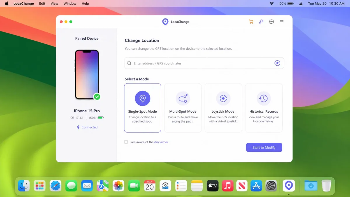 A Mac screen with LocaChange showing a paired iPhone, the mode selection panel, and a search box for choosing a new location.