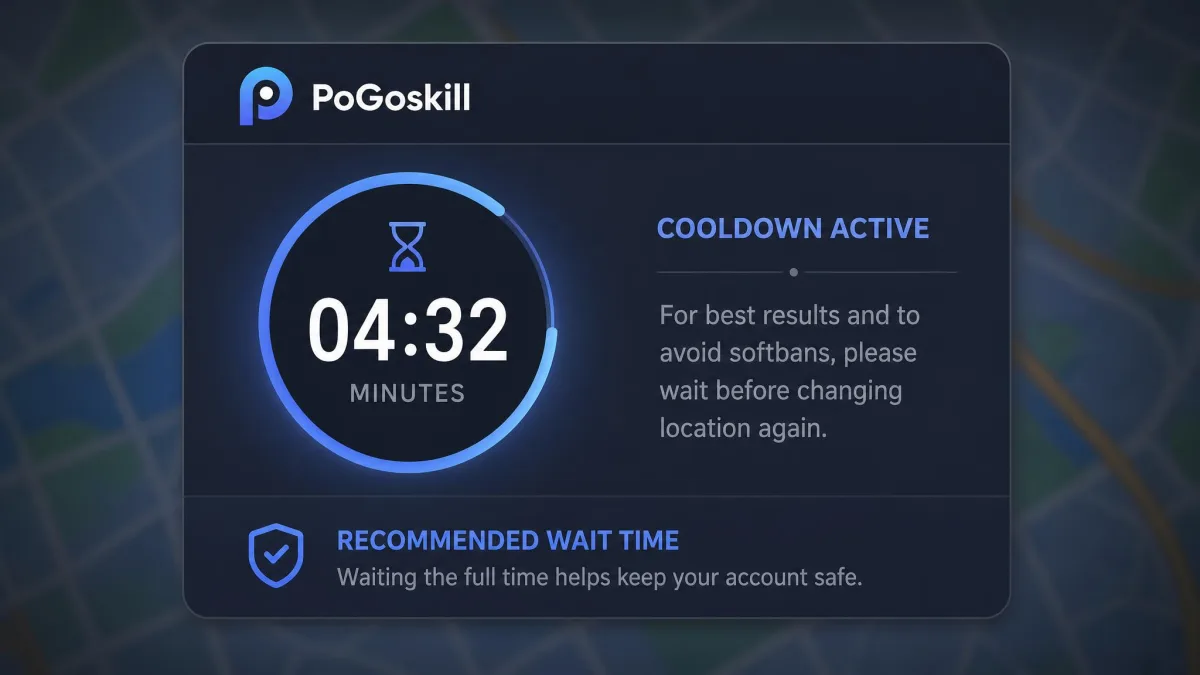 PoGoskill's cooldown timer panel showing the recommended wait time before the next location change, with a countdown in minutes.