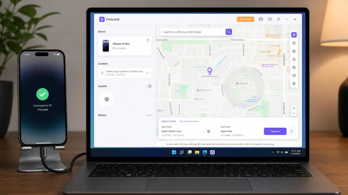 An iPhone connected to a Windows laptop over USB with PoGoskill's desktop app showing the connected device and a map ready for teleporting.