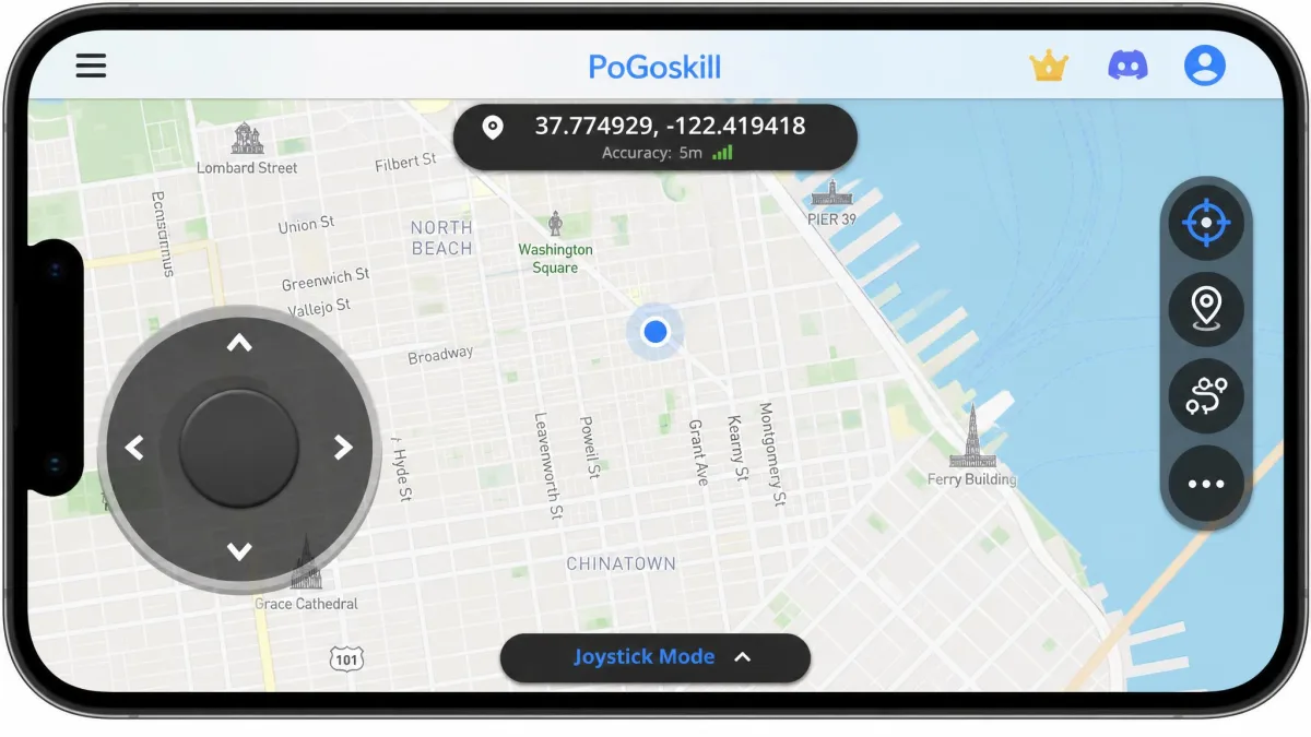 PoGoskill Joystick Mode on a phone screen, with a floating joystick over a street map and the current GPS coordinates shown at the top.