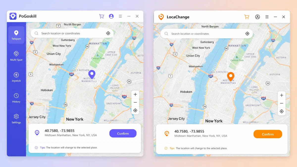 Side-by-side teleport views of PoGoskill and LocaChange, each showing a map with a location pin, a search bar, and a confirm button.