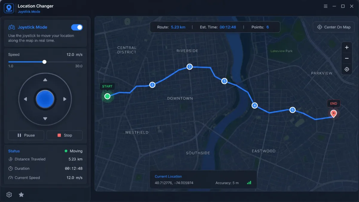 A location changer's joystick mode panel with a virtual joystick and a route drawn across a city map.