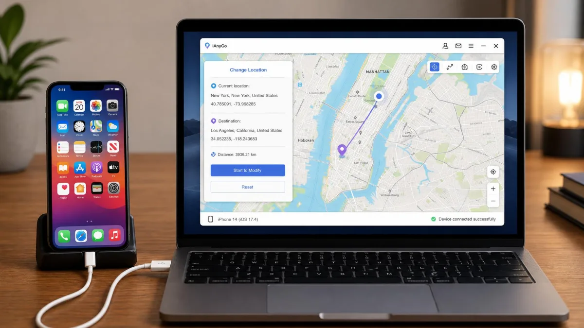 An iPhone connected to a laptop with a USB cable while the location changer app displays a map, illustrating the desktop-to-phone connection both tools use.