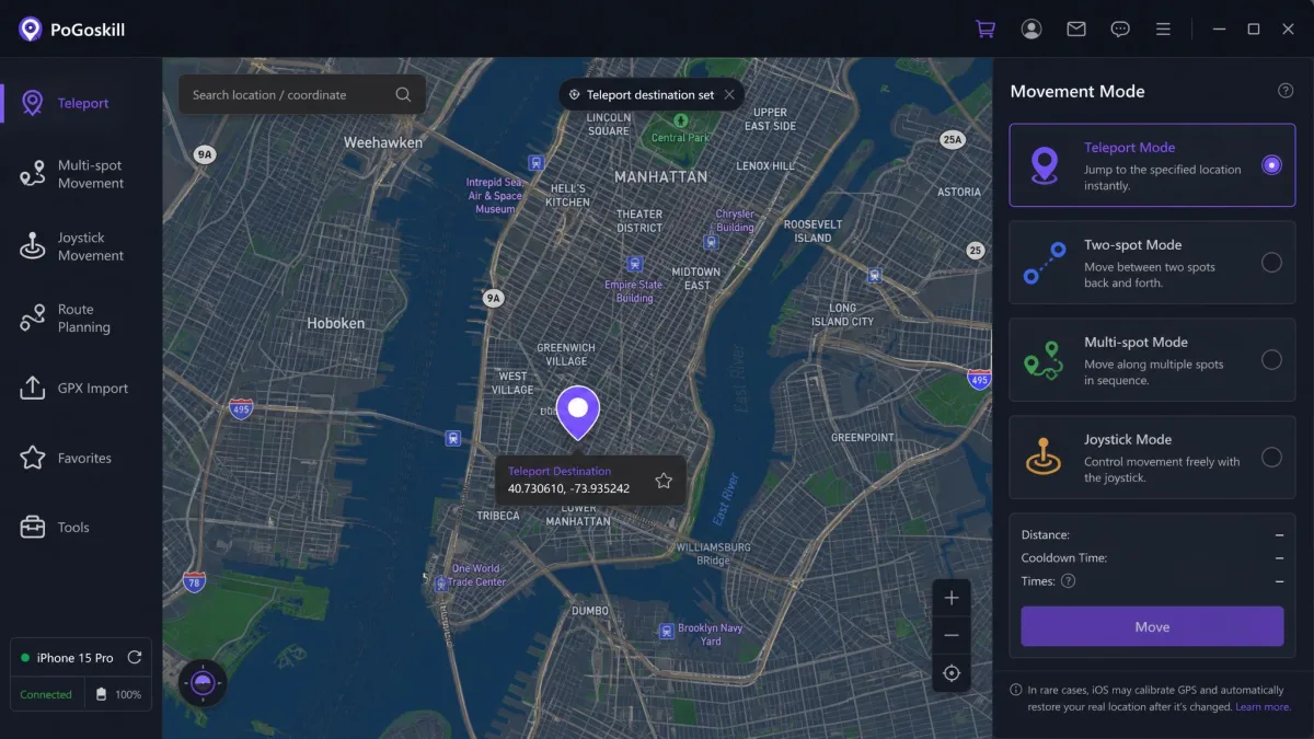 PoGoskill's desktop interface showing a city map with a teleport destination pin and the movement mode panel.