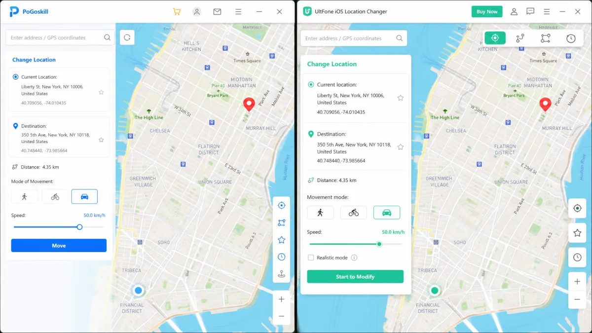 The main map screens of PoGoskill and UltFone side by side, each with a location picker and a pin on a street map.