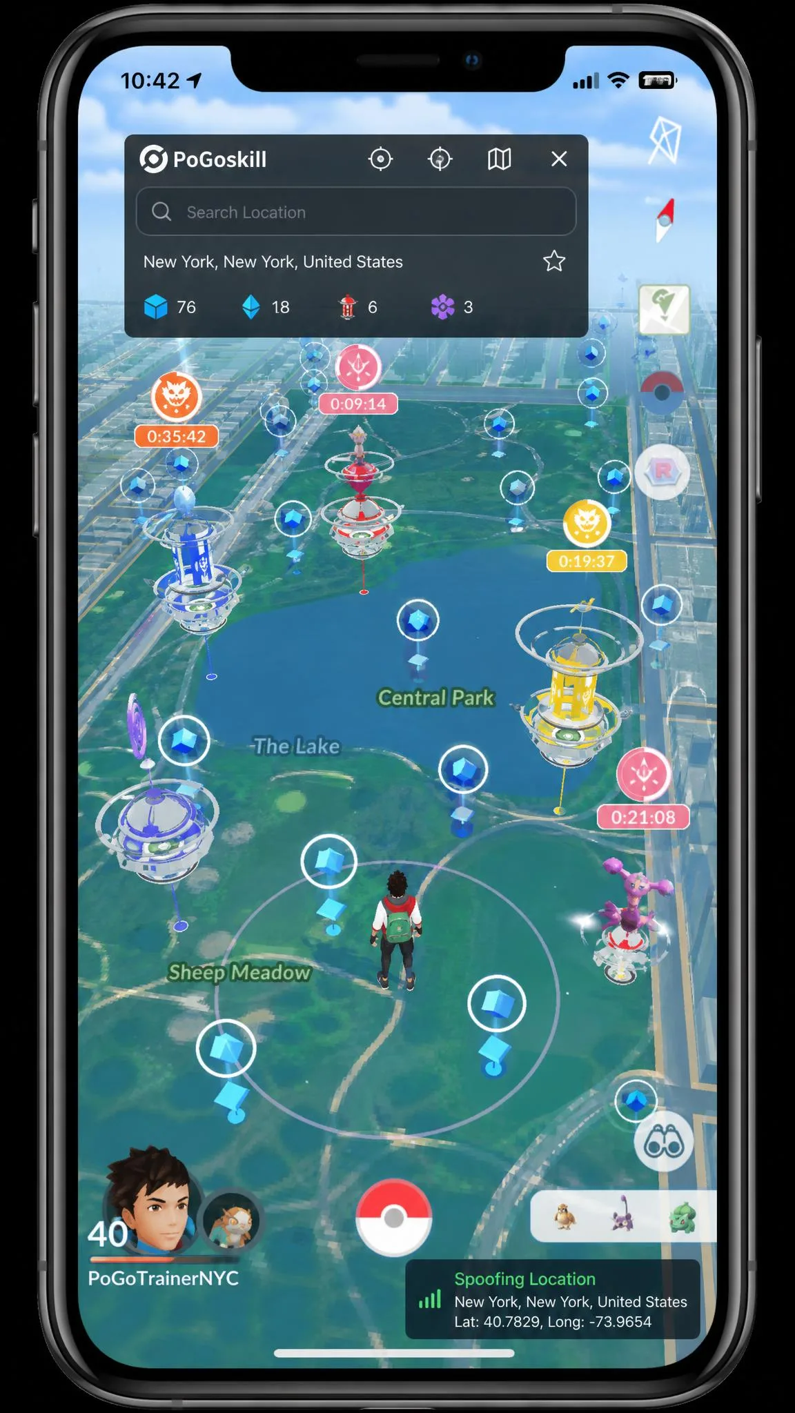Pokémon GO on an iPhone with the avatar at a spoofed location and PoGoskill's overlay showing nearby PokéStops and Gyms.