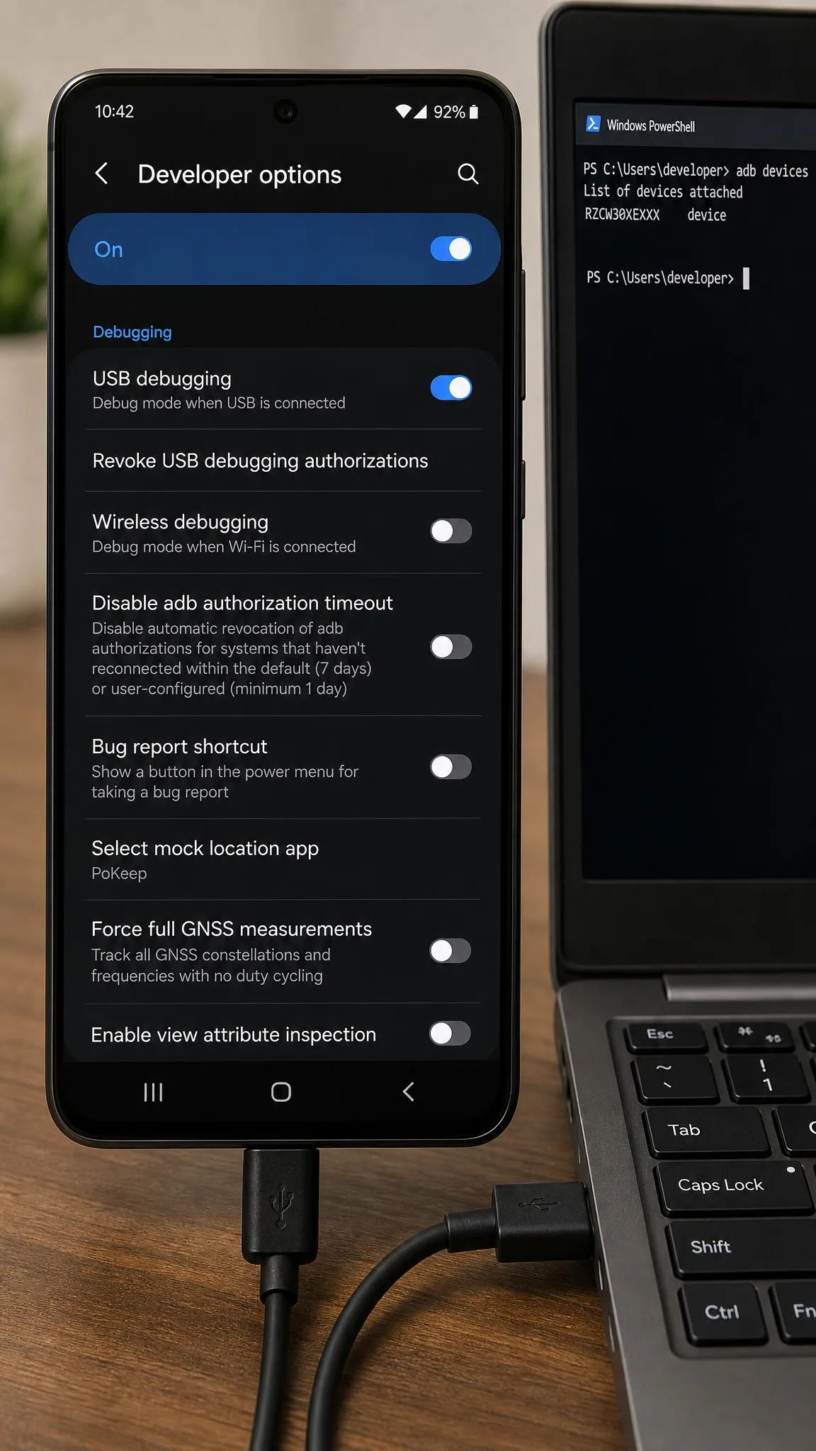 Android Developer Options screen with PoKeep selected as the Mock Location App and the USB Debugging toggle switched on, with the phone connected by cable to a laptop.