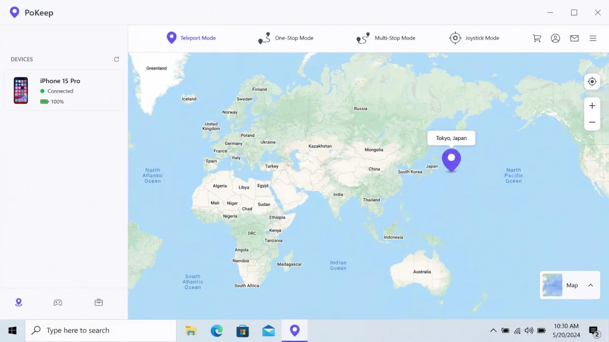 PoKeep's Windows desktop interface showing a world map with a dropped pin over Tokyo, the connected iPhone listed in the sidebar, and the mode selector row across the top.