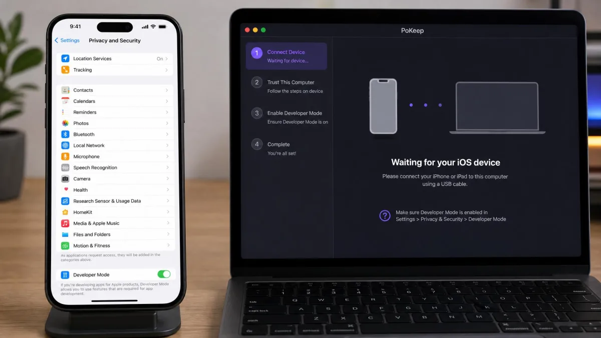 iPhone Settings screen showing Privacy and Security with the Developer Mode toggle switched on, next to a laptop running PoKeep's connection wizard waiting for the device.