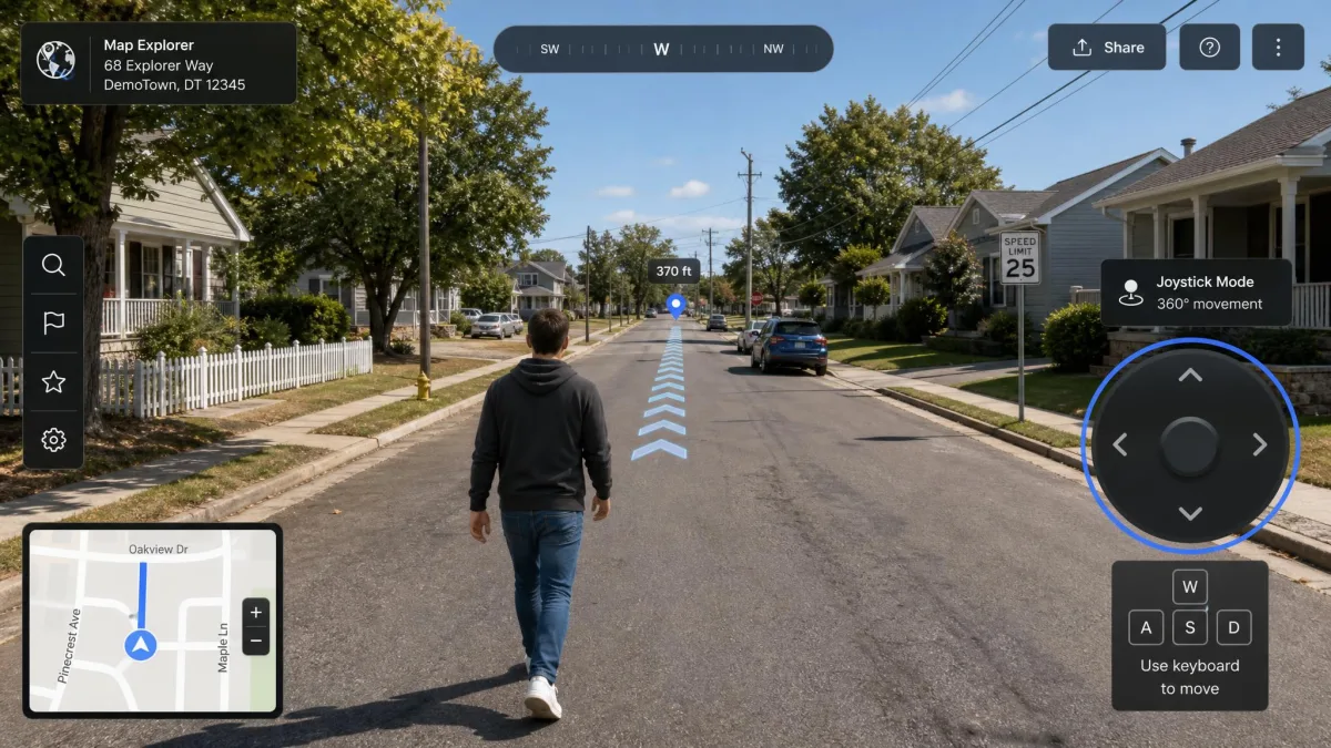 PoKeep joystick mode in use, with the circular 360-degree control on the right of the map, the W A S D keyboard hint below it, and the avatar mid-route on a suburban street.