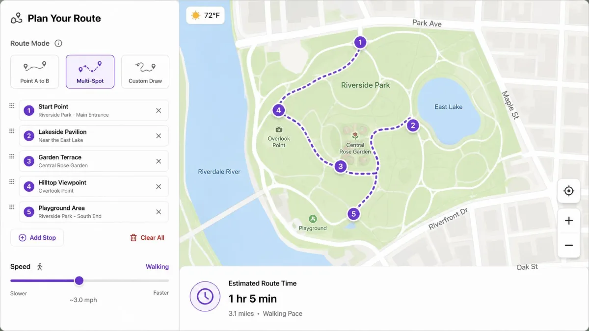 PoKeep multi-spot route mode with five waypoints plotted along a city park path, the speed slider set to walking pace, and the estimated route time displayed below the map.