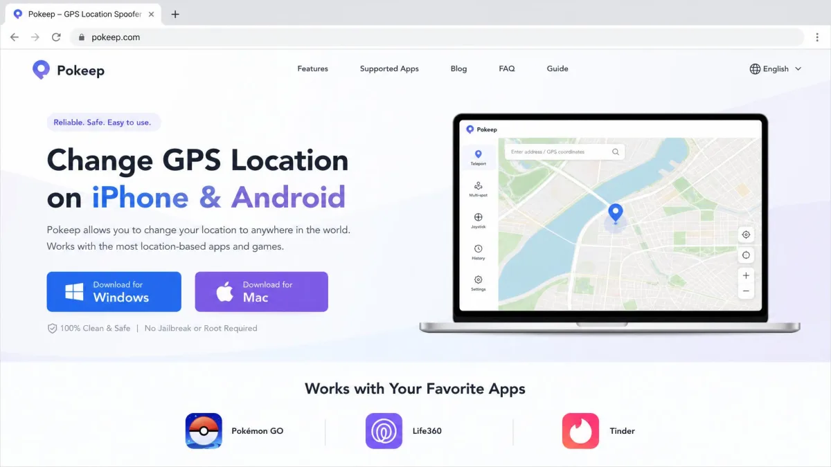 The pokeep.com homepage in a desktop browser showing the product headline, the download button for Windows and Mac, and the supported-apps row listing Pokemon GO, Life360 and Tinder.