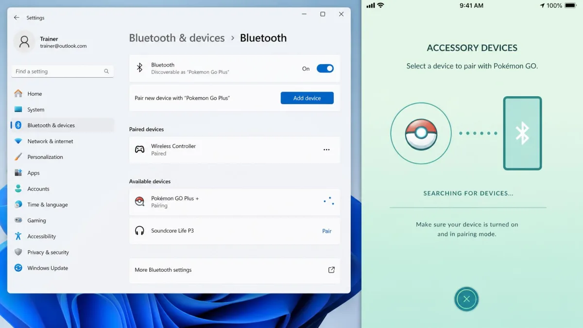 A Windows Bluetooth settings panel with the PC renamed to Pokemon Go Plus, beside the Pokemon GO in-game accessory pairing screen waiting to detect the device.